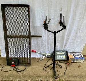 lot 72 image: Car Bundle - Rhode Gear Bike Rack, Peak Battery Charger, Craftsman Inflator, Heavy Duty Come Along with 2 Hooks, Draw Tite Cargo Carrier