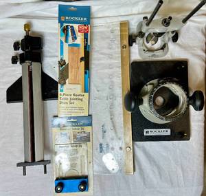 lot 85 image: Rockler 6-pc Router Table Jointing Shim Set, Rockler Jig It Template System, Dovetail Setup Jig, Porter Cable Router Edge Guide, General Precision Drill Guide and Porter Cable Router Base