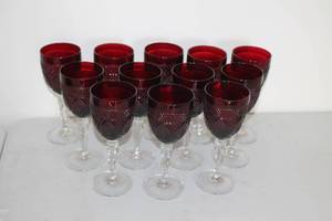 lot B-6 image: Set of 12 Ruby Red Cut Glass Goblets