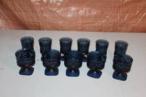 lot B-17 image: Vintage Blue Glass Goblet Set - 10 Pieces