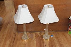 lot 27 image: Elegant Glass Table Lamps with White Fabric Shades - Set of 2
