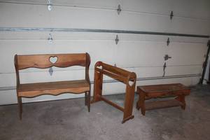 lot 35 image: Rustic Wooden Bench, Quilt Rack, and Low Table Set