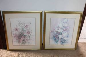 lot 42 image: Pair of Barbara Mock Floral Art Prints in Gold Frames