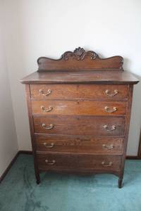 lot 48 image: Antique Wooden Dresser with Ornate Backboard