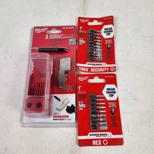 Lot Of Three New Milwaukee Parts One Selfeed Bit Blade Replacement Kit And Two Shockwave Impact Hex Insert Bit Sets