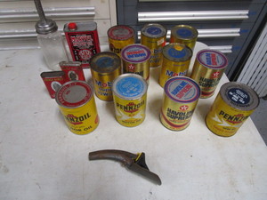 Vintage Oil Cans, Spout & Glass Oil Fill Bottle