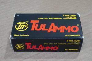 lot 266 image: 50 TulAmmo 9mm Luger 115 Gr FMJ Steel Case Ammo