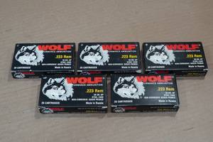 lot 296 image: 100 Wolf .223 Rem 55 Gr HP Steel Case Ammo