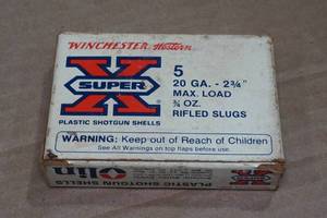 lot 334 image: 5 Winchester Super X 20 Gauge 2-34 Rifled Slugs