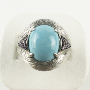 lot 109 image: Heritage Gems  Sleeping Beauty Turquoise & Pink Sapphire  Textured Sterling Silver Statement Ring . Size 8.75 - 9.