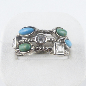 lot 111 image: Esposito  Three Rope Band Turquoise & Cz Sterling Silver Ring. Size 11 - 11.25.