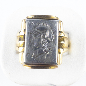 lot 6-120 image: Knight Hematite Intaglio 14k Yellow Gold Mens Ring . Size 9 - 9.25.