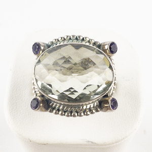 lot 140 image: Nicky Butler  Prasiolite & Amethyst Rope Border Sterling Silver Statement Ring . Size 11 - 11.25.