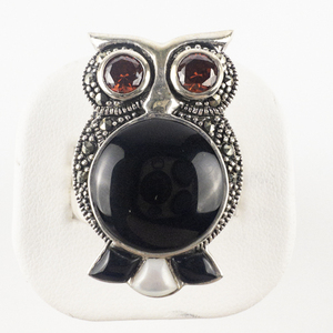 lot 145 image: Onyx, Garnets, Marcasite Owl Sterling Silver Statement Ring . Size 11 - 11.25.