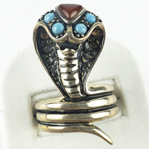 lot 155 image: Sally C Treasures  Turquoise & Carnelian Cobra Sterling Silver Statement Ring . Size 8 - 8.25.