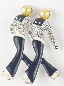 lot 228 image: Wendy Gell Strolling Sailers Pave Rhinestone & Enamel Silver Tone Base Metal Brooch .