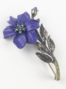 lot 237 image: Joan Rivers Purple Enamel Antiqued Gold Tone Base Metal Flower Brooch .