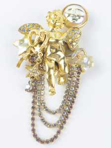 lot 256 image: Kirks Folly 1980S Crystal Enamel Cherubgold Tone Base Metal Brooch .