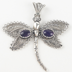 lot 81 image: Filigree Cabochon Amethyst sterling silver Dragonfly Pendant.