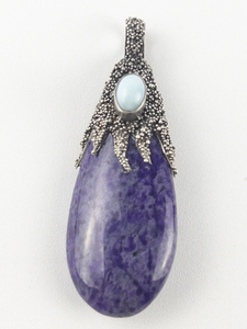 lot 99 image: Lepidolite & Turquoise Drop sterling silver pendant (no chain).