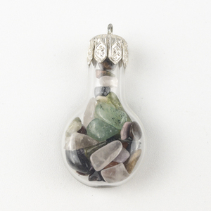 lot 100 image: Tiny Glass Bottle with Gemstones base metal pendant (no chain).