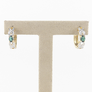 lot 165 image: Textured Oval Emerald Colored Stone Gold Tone Base Metal Hinged Wire Hoop Earrings.