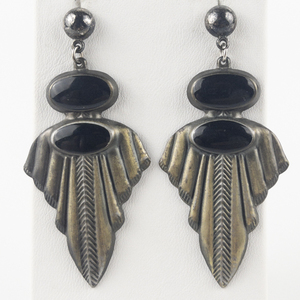 lot 172 image: Bronze Art Deco Stamped Base Metal Dangle Earrings .