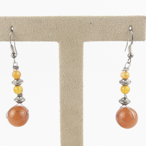 lot 180 image: Orange Amber () Beaded Silver Tone Base Metal Dangle Earrings .