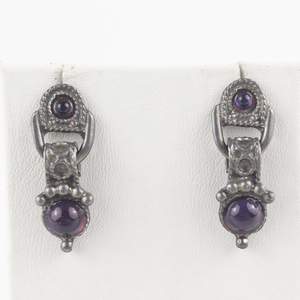 lot 182 image: Victorian Style Purple Cabochon Accented Silver Tone Base Metal Dangle Earrings .