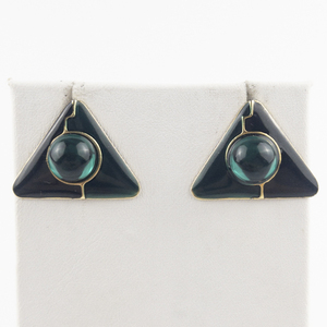 lot 184 image: Green Cabochon Triangle Gold Tone Base Metal Post Back Pierced Earrings.