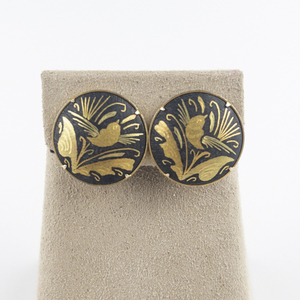 lot 186 image: Vintage Damascene Toledo Gold Tone Base Metal Clip-On Earrings .