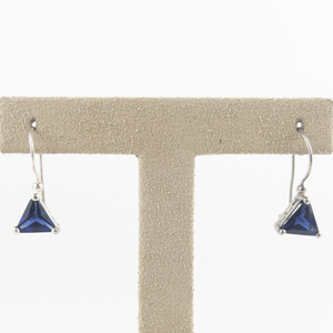 lot 190 image: Triangle Cut Navy Blue Gem (Lab Grown Sapphire ) Sterling Silver French Wire Earrings .