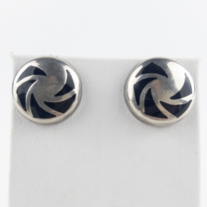 lot 195 image: Taxco, Mexico  Black Onyx Inlay Dome Sterling Silver Pierced Earrings .