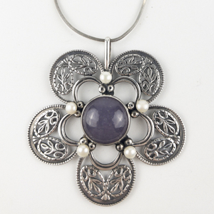 lot 309 image: Israel Lepidolite Purple Denturine Flower Sterling Silver Pendant Necklace .