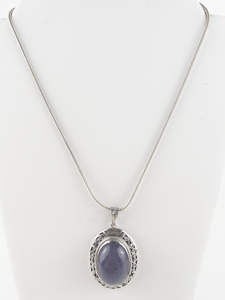 lot 312 image: Hand Cut Filigree Lepidolite Oval Sterling Silver Pendant Necklace .
