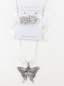 lot 326 image: Chuvora  Butterfly Silhouette Sterling Silver Pendant Necklace & French Wire Earrings . With Original Tags