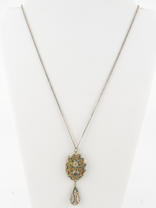 lot 335 image: Micro Floral Mosaic With Teardrop Base Metal Pendant Necklace .