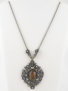 lot 345 image: Victorian Trading Co Amber Glass Floral Antiqued Base Metal Pendant Necklace .