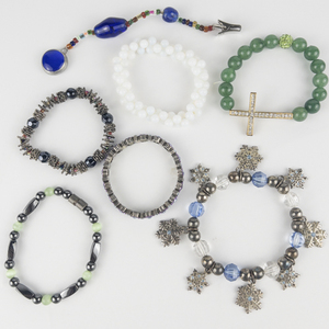 lot 294 image: Group of 6  Base Metal Bead Bracelets & Key Card Chain.