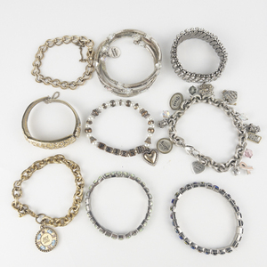 lot 298 image: Group of 9 Fashion Bracelets. Beaded, Charm, & Stretch Bracelets