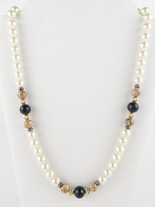 lot 204 image: Quartz, Faux Peal & Black Bead (Onyx) Bead Necklace.