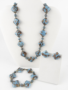 lot 209 image: Murano Blue And Copper Fleck Bead Necklace, Bracelet, & Clip On Earrings .
