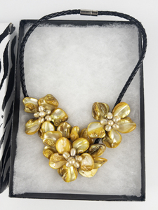 lot 210 image: Yellow Pearl Flower Black Leather Rope Necklace.