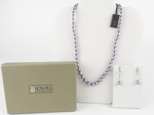 lot 212 image: Honora  Dyed Lavender Freshwater Sterling Silver Pearl Necklace & Dangle Earrings. Like New With Original Tag & Box