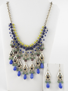 lot 220 image: Gerard Yosca  Blue, Purple, & Green Silver Tone Base Metal Bib Necklace & French Wire Earrings Set.