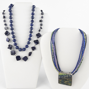 lot 222 image: Group of 3  Blue Base Metal Bead Necklaces.