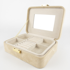 lot 45 image: Modern Beige & Gold Tone Mini Velvet Jewelry Organizational Box with Mirror