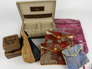 lot 49 image: Group of Jewelry Boxes, Fabric Pouches, & Wooden Boxes