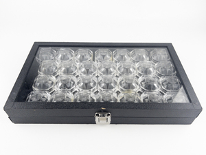 lot 52 image: Black Leather Display Container with 28 Clear Ring Boxes