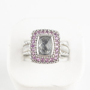 lot 20 image: Judith Ripka Mint Quartz & Pink Sapphire Beaded Rope Boarder Sterling Silver Ring. Size 10 - 10.25.